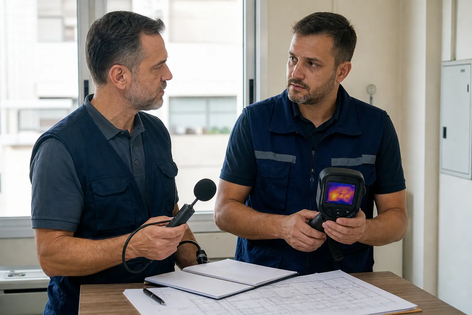Técnico usa termografia para identificar variação térmica em parede com suspeita de vazamento.