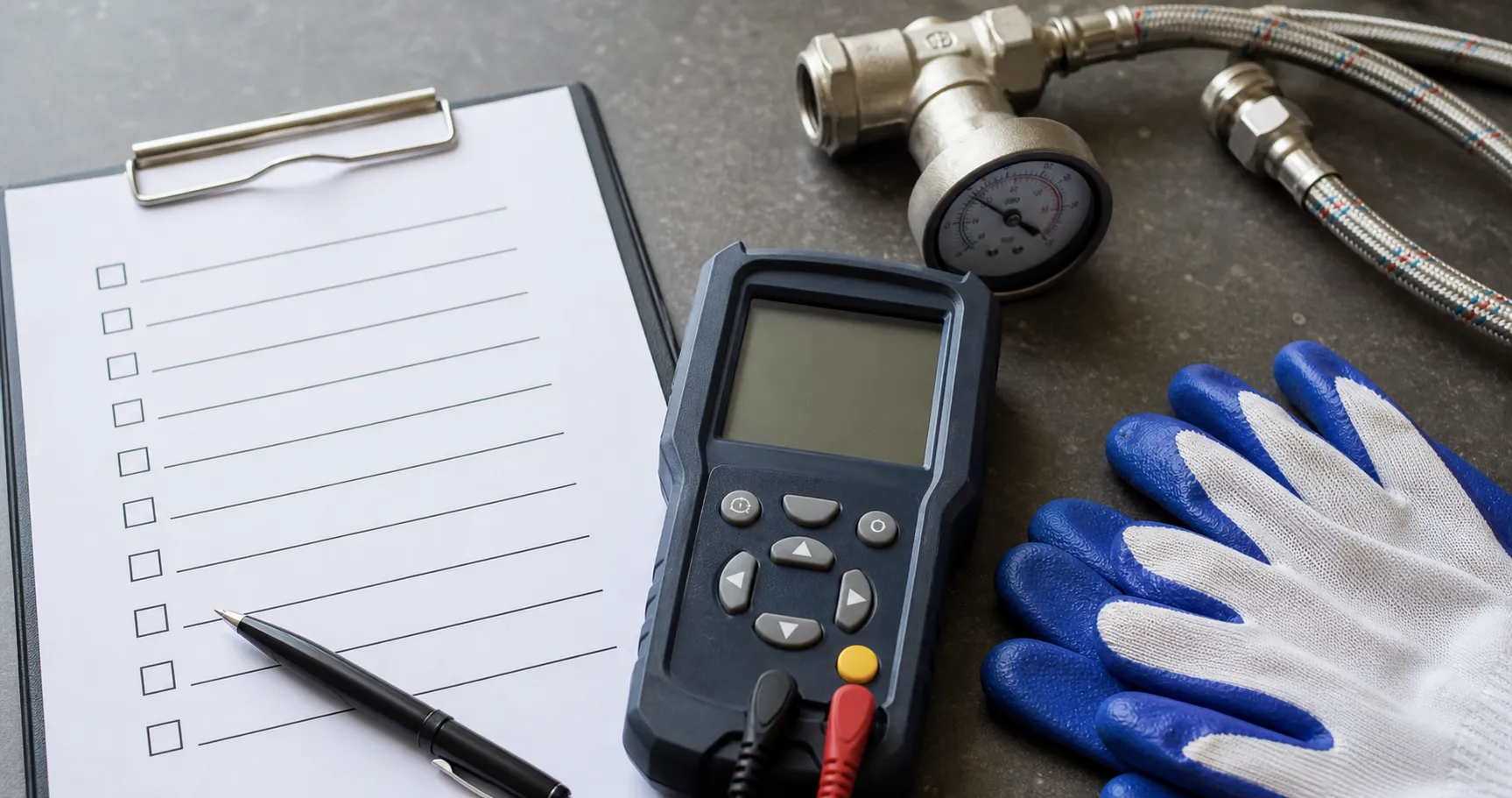Checklist e medidor portátil usados na preparação de vistoria hidráulica residencial.