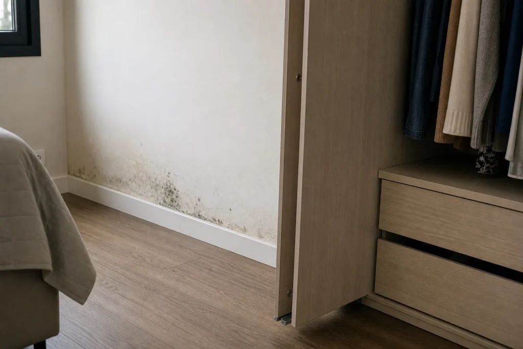 Closet aberto com sinal discreto de mofo e umidade na parte interna.