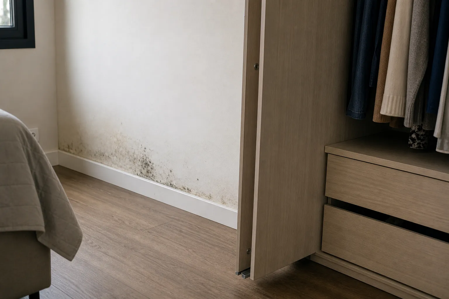 Closet aberto com sinal discreto de mofo e umidade na parte interna.