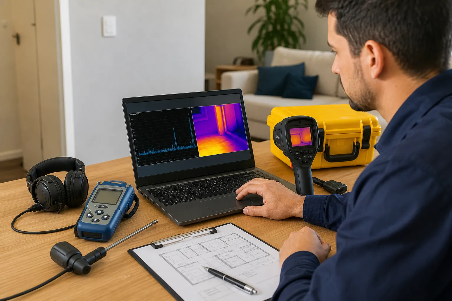 Técnico compara gás traçador, geofone e termografia no diagnóstico de vazamento.