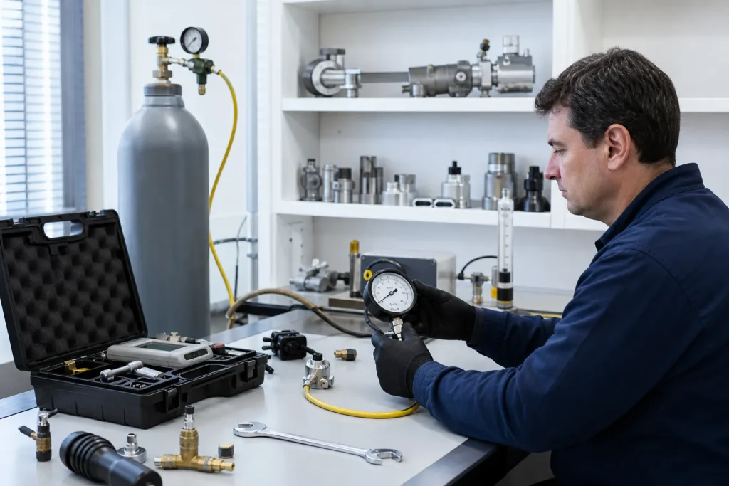 Técnico compara pressurização e gás traçador para diagnosticar vazamento oculto.