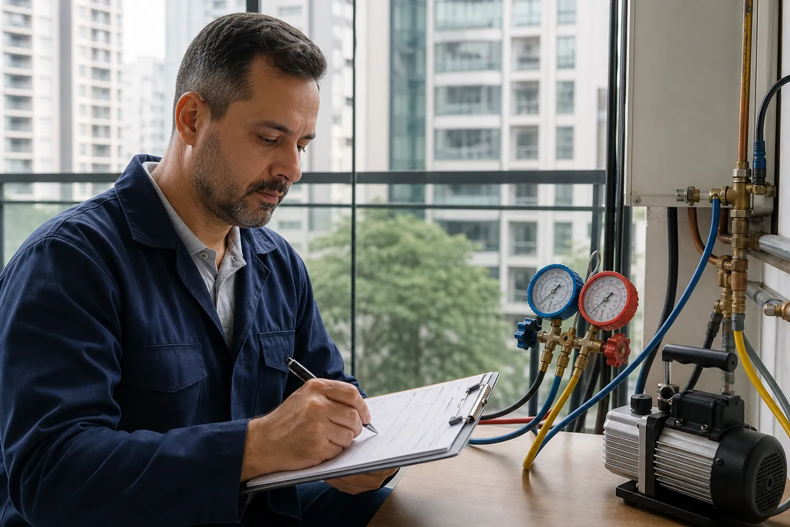 Técnicos comparam manômetro e teste de estanqueidade para fechar o diagnóstico.