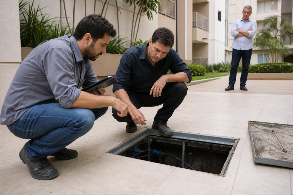 Técnico e síndico acompanham avaliação de caixa de inspeção em condomínio residencial.