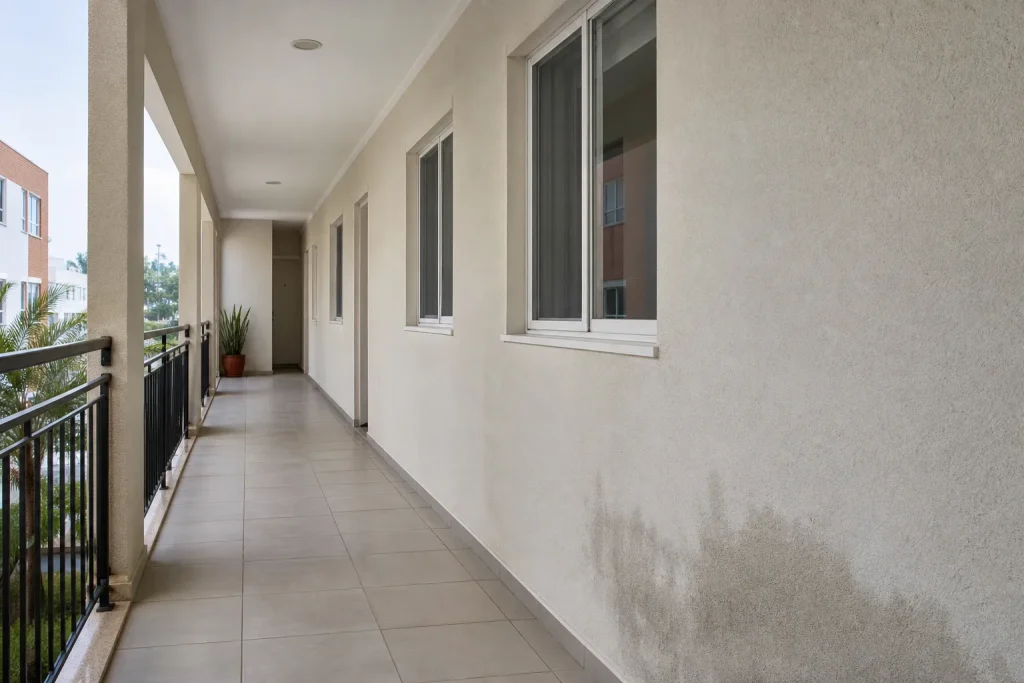 Corredor de condomínio apresenta sinal discreto de umidade em parede.