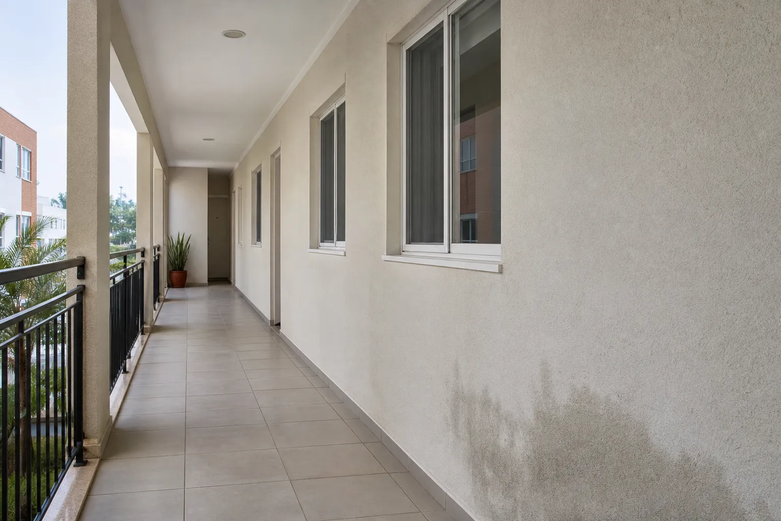Corredor de condomínio apresenta sinal discreto de umidade em parede.