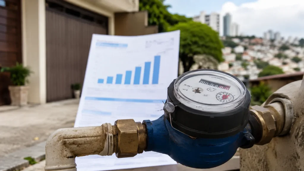 Hidrômetro residencial indicando possível vazamento oculto relacionado à conta de água alta