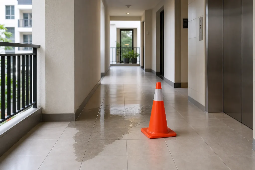 Área de água em condomínio está sinalizada para proteção de moradores.