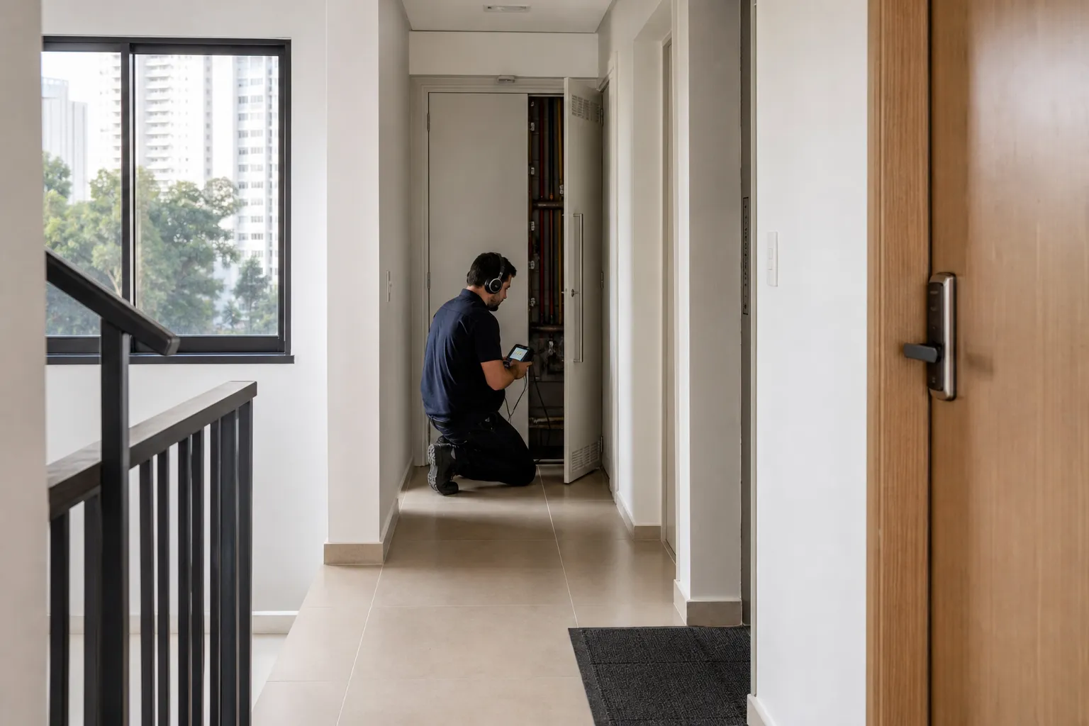 Corredor de condomínio em São Paulo com inspeção técnica preventiva.