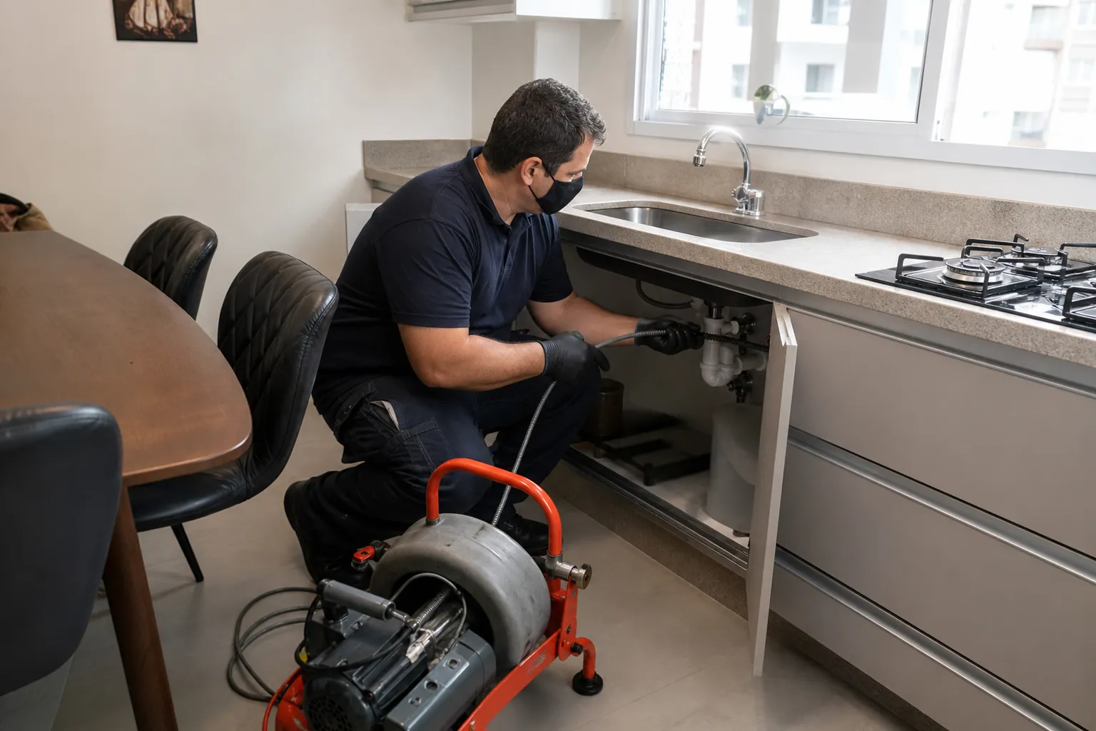 Técnico operando máquina de desentupimento em pia de cozinha de imóvel alugado em São Paulo.