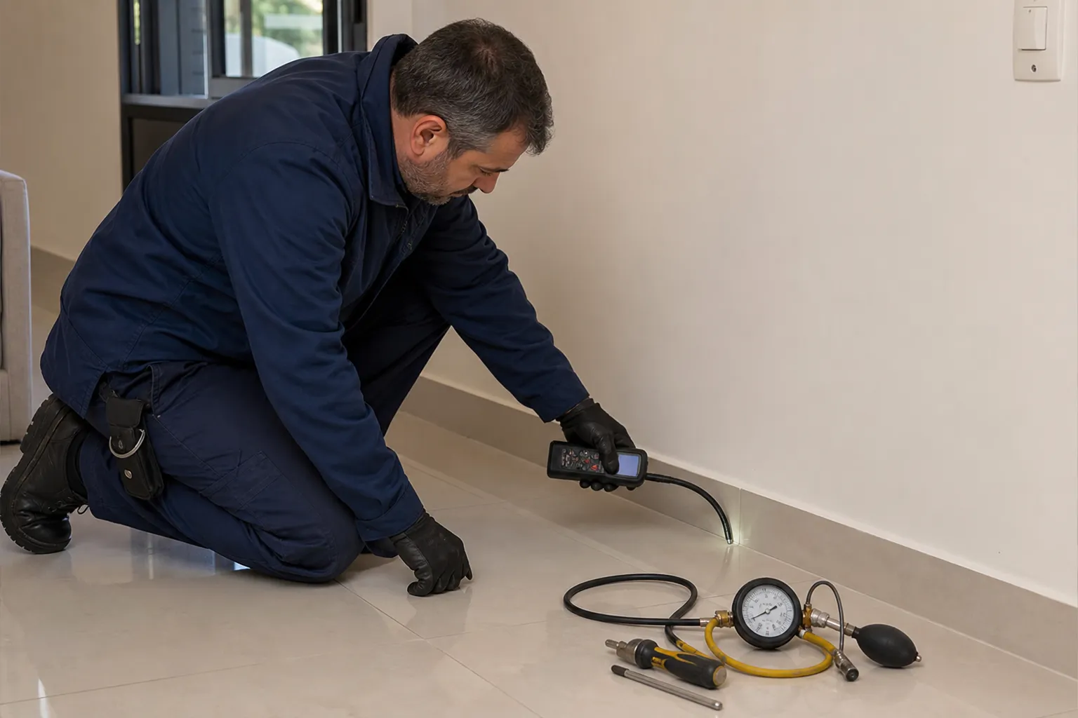 Técnico usa detector de gás próximo ao piso e parede durante investigação de vazamento.