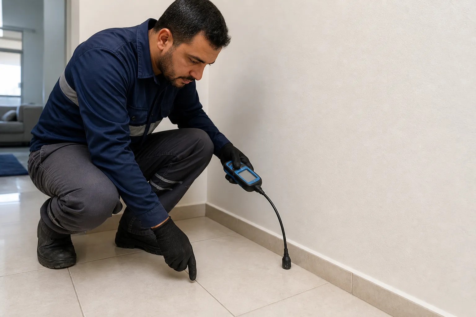 Detector de gás traçador identifica concentração próxima à parede e ao rodapé.