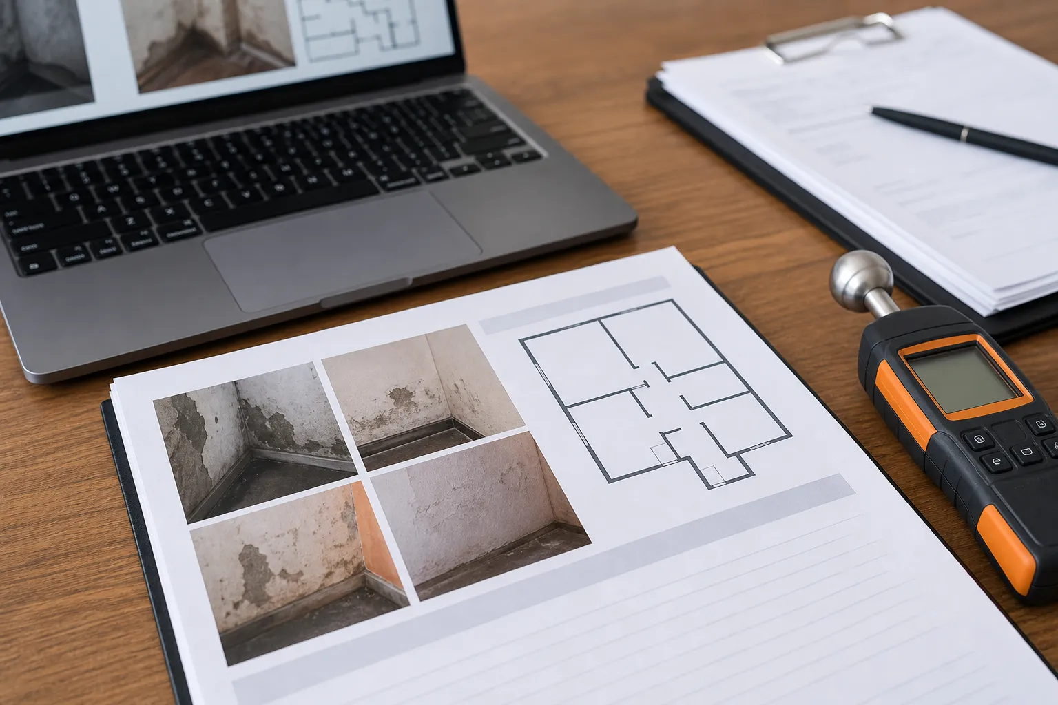Laudo técnico de vazamento com fotos e registros do imóvel alugado.
