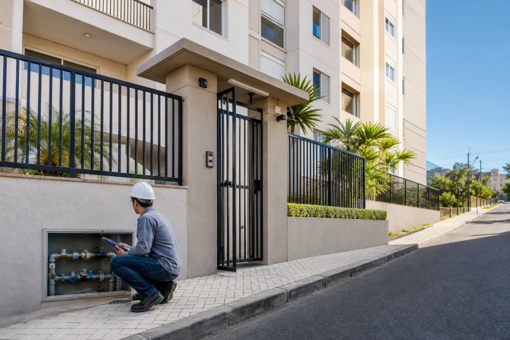 Técnico observa prédio residencial em Guarulhos antes de vistoria de vazamento.