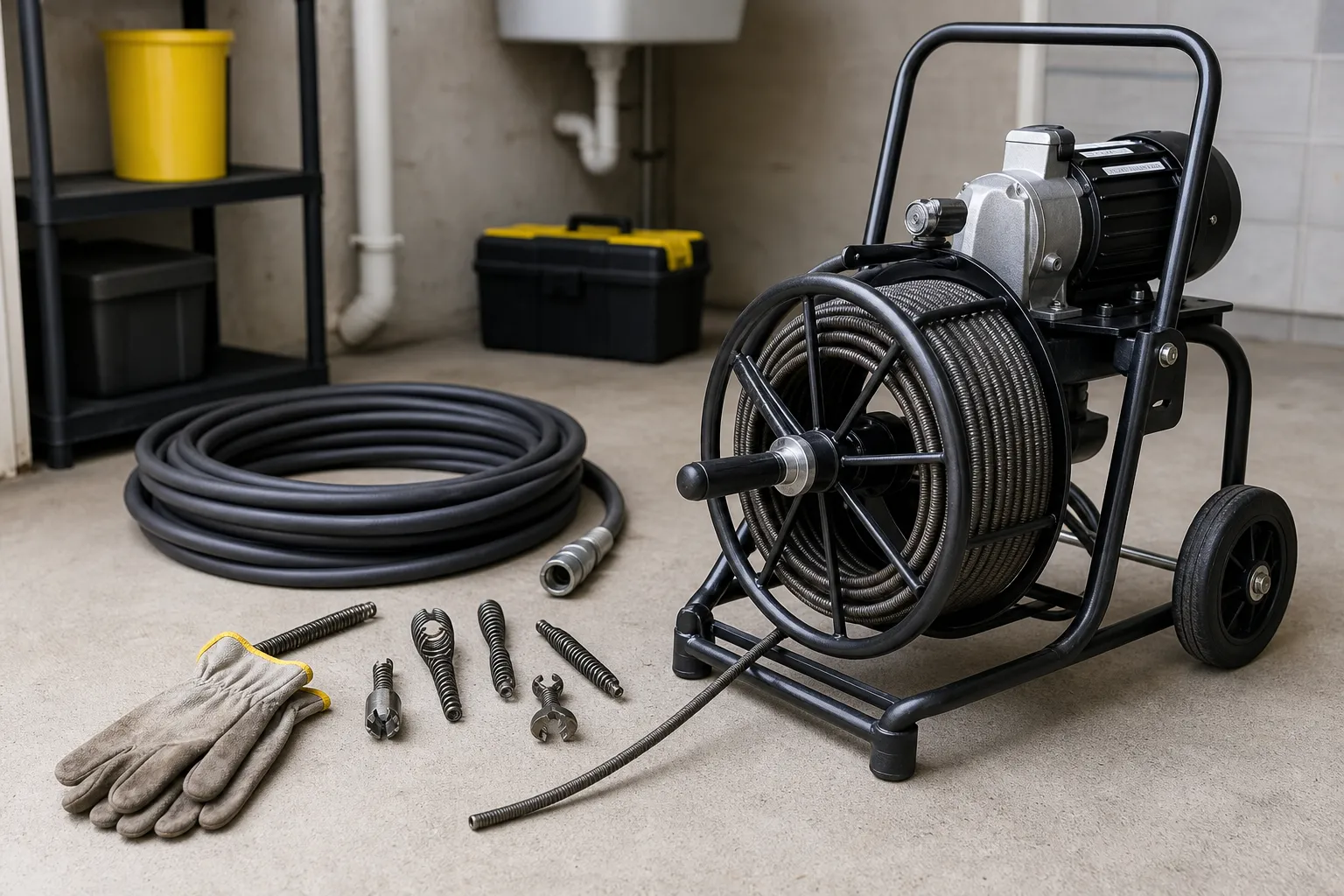 Equipamento profissional organizado para avaliação de um possível entupimento residencial.
