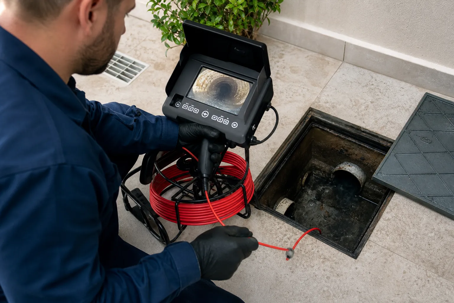 Equipamento de inspeção técnica sendo utilizado em caixa de gordura residencial em São Paulo.
