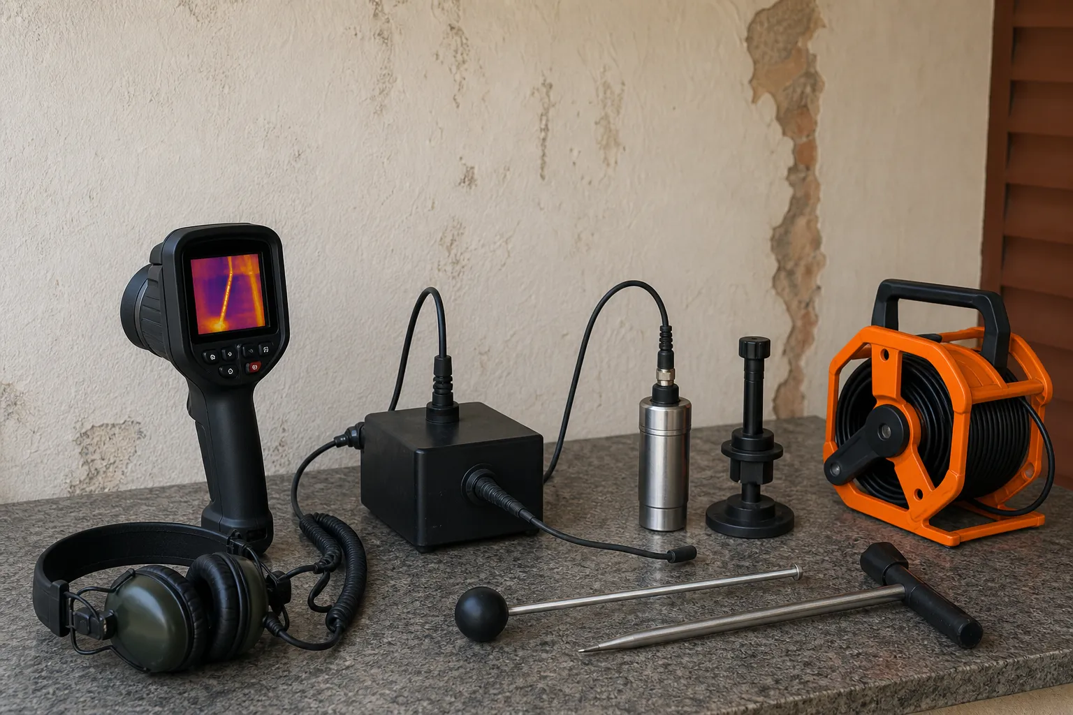 Equipamentos técnicos usados para diagnosticar vazamento em parede