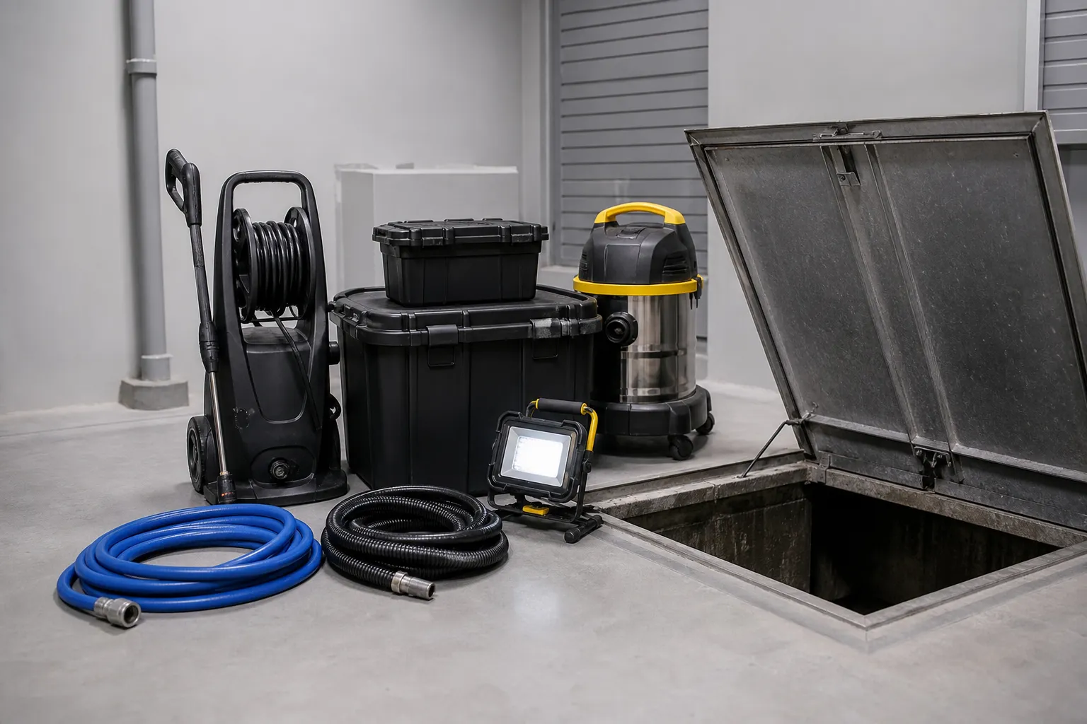 Equipamentos organizados para limpeza técnica de caixa de gordura condominial.