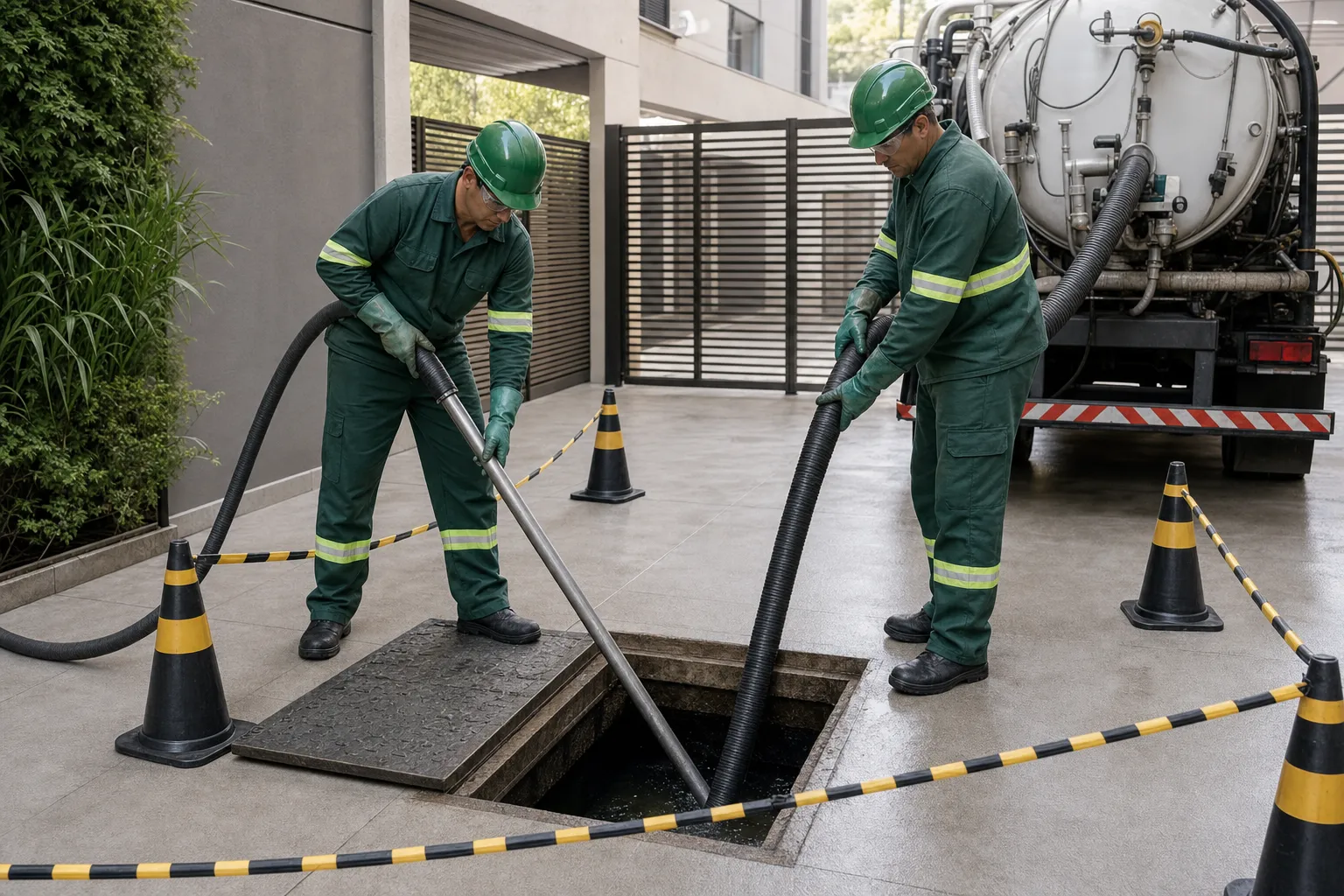 Equipe realiza limpeza da caixa de gordura predial em condomínio.