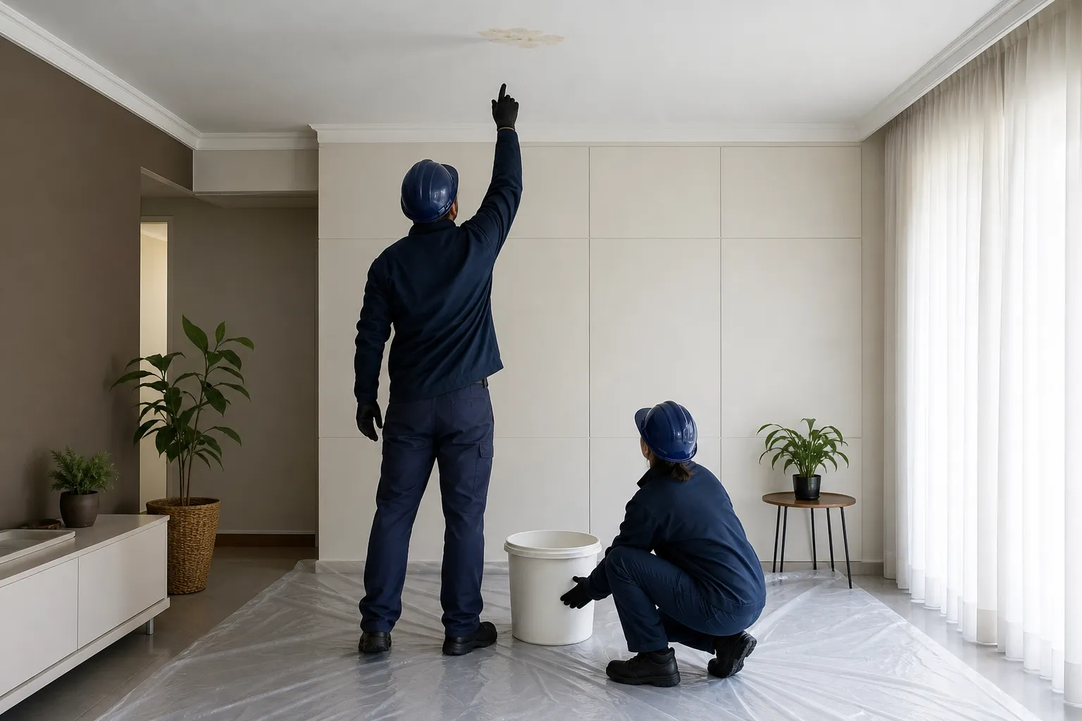 Equipe protege área sob teto úmido durante atendimento de vazamento em laje.