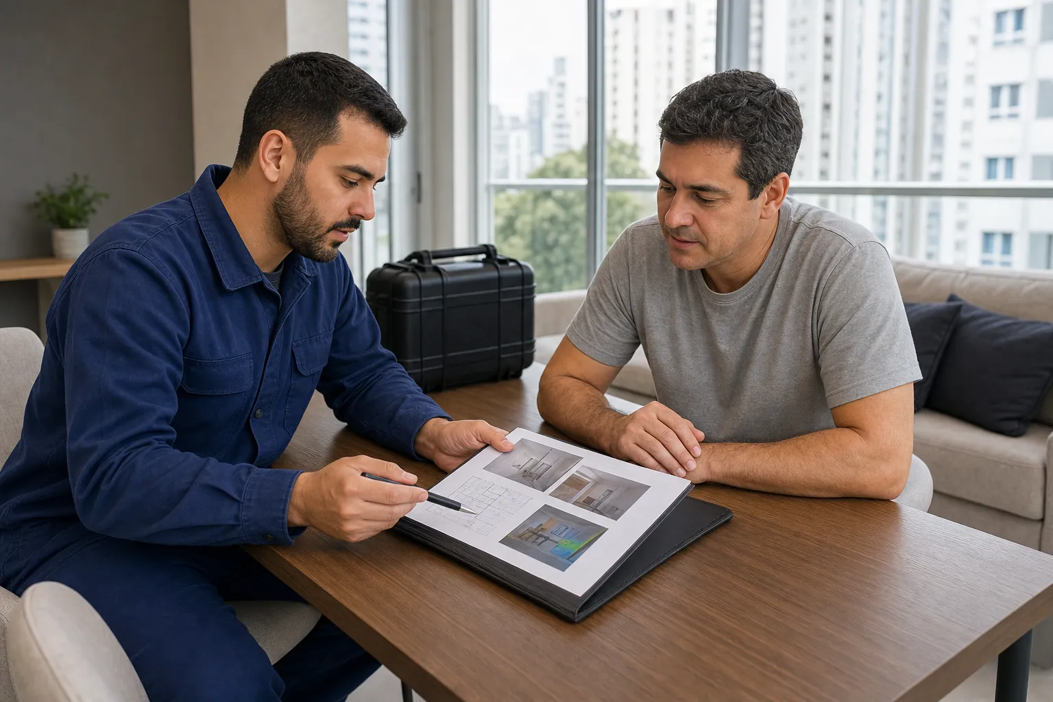 Cliente recebendo orçamento de caça vazamento de técnico uniformizado em apartamento no Ipiranga, São Paulo.