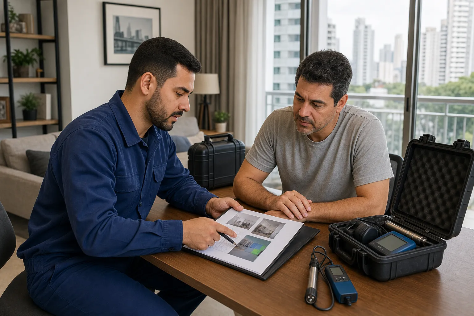 Cliente recebendo orçamento de caça vazamento de técnico uniformizado em apartamento no Santana, São Paulo.