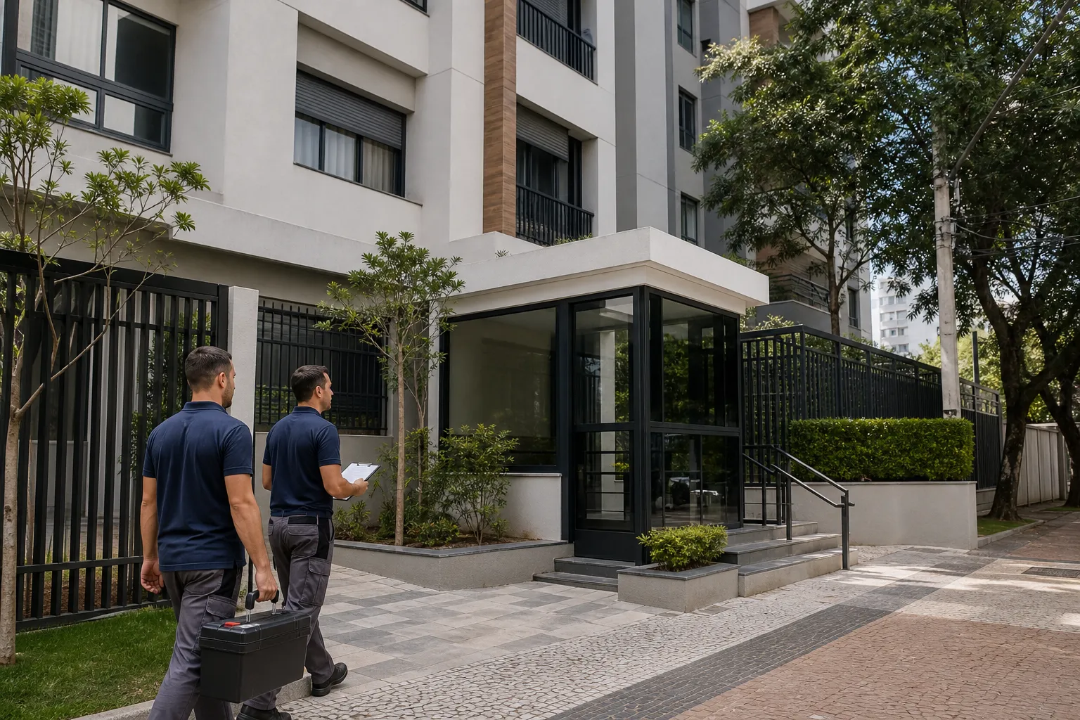 Fachada de condomínio em Pinheiros com equipe técnica pronta para avaliar vazamento.