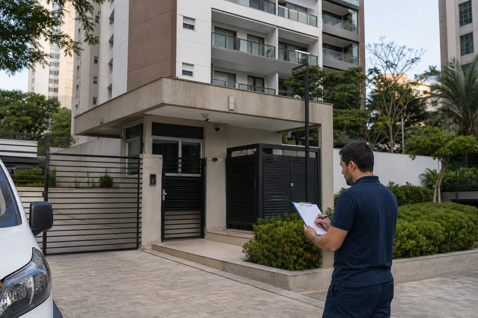 Fachada de condomínio na Vila Mariana com equipe técnica preparada para inspeção hidráulica.