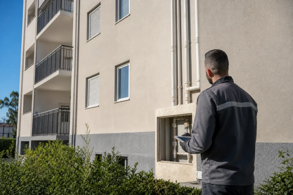 Técnico avalia prédio residencial em Osasco antes de vistoria de vazamento.