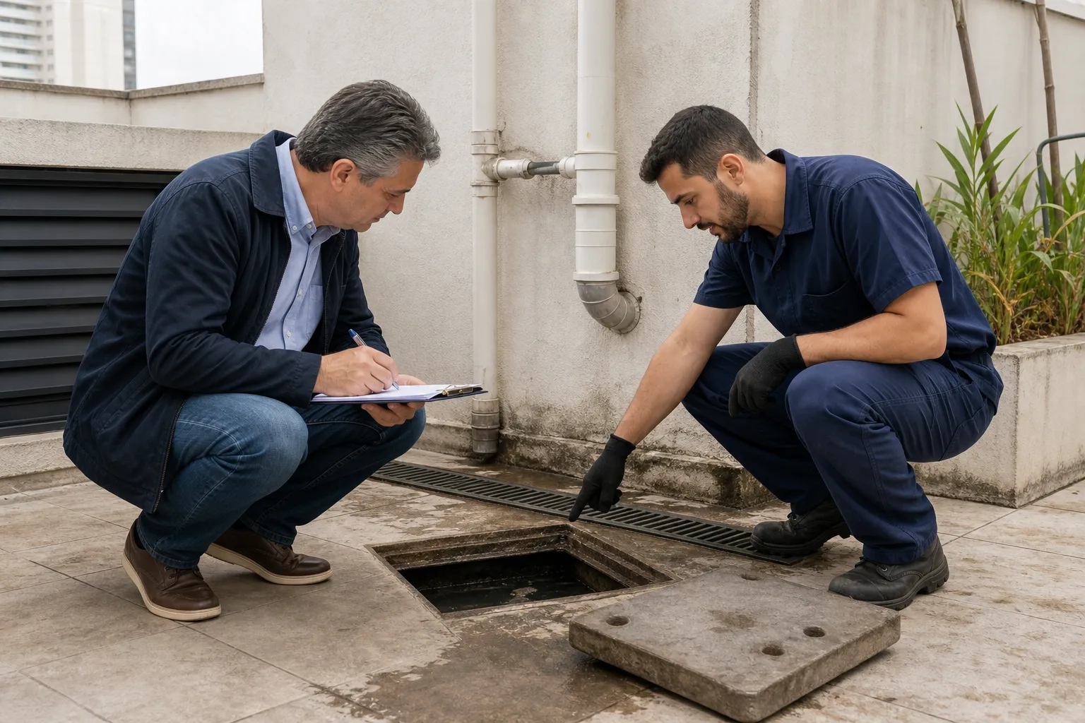 Técnico e síndico inspecionando área de fossa em condomínio.