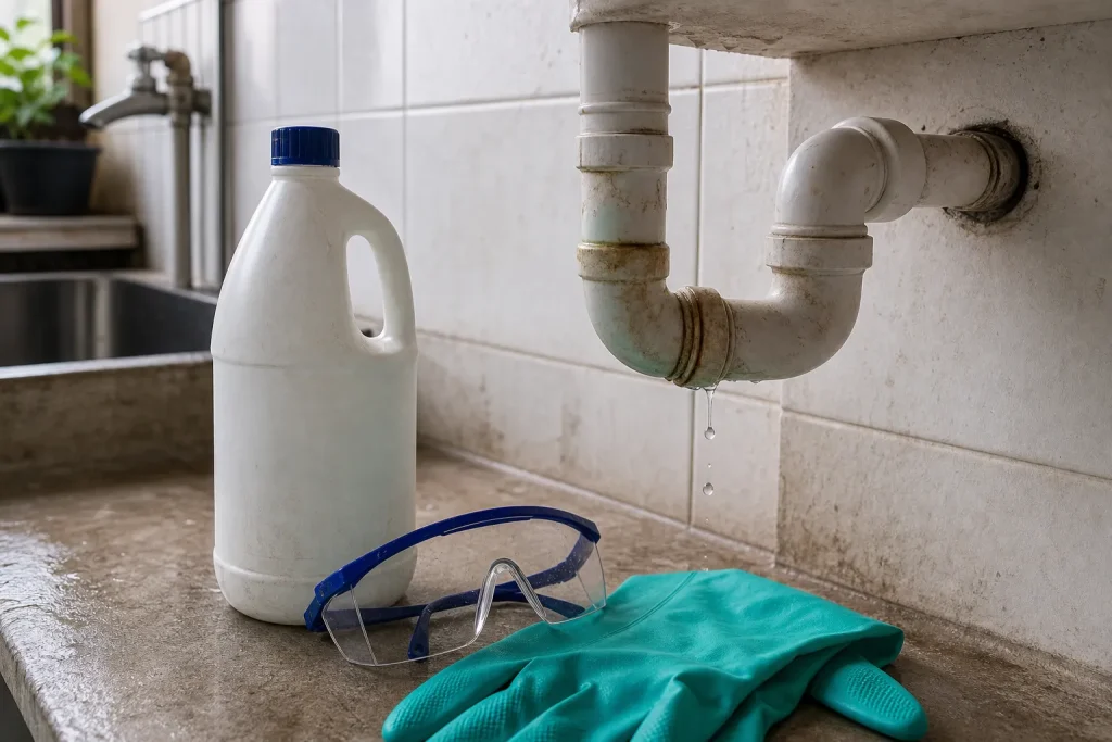 Frasco de produto químico ao lado de tubulação PVC com sinal de alerta.