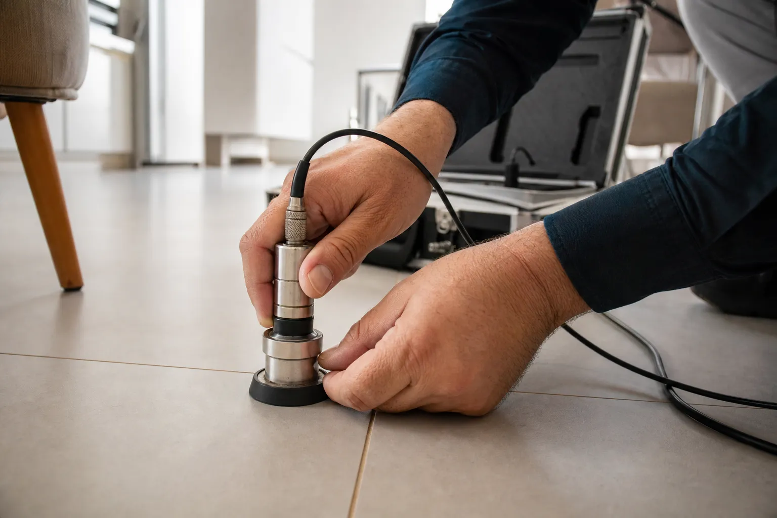 Equipamento de escuta técnica usado para investigar vazamento sob piso.