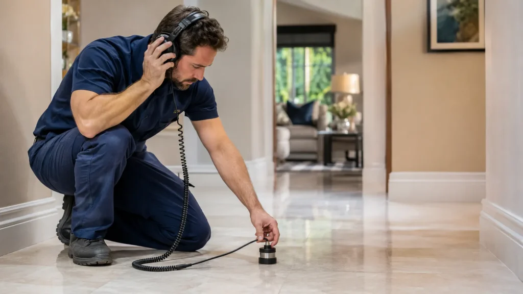 Técnico usando geofone no caça vazamento para localizar vazamento oculto em piso residencial.