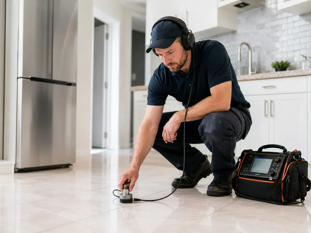 Técnico usando geofone para localizar vazamento oculto em piso residencial.