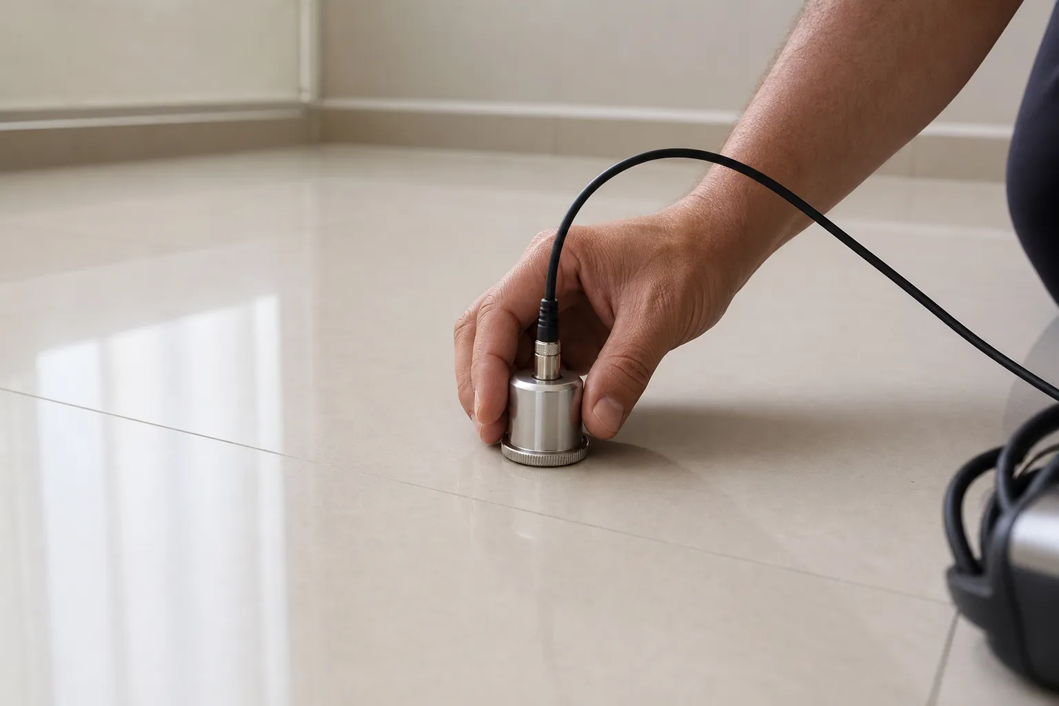 Sensor de escuta técnica usado sobre piso para investigar possível vazamento na laje.