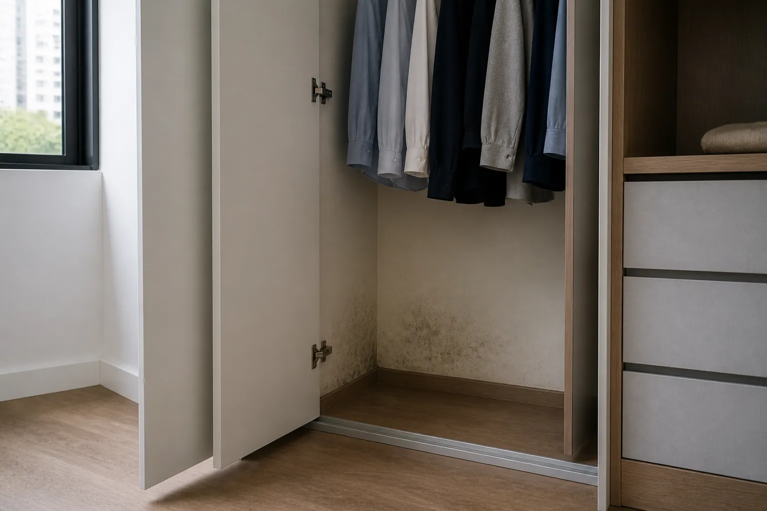 Guarda-roupa afastado da parede revelando rodapé com umidade escondida.