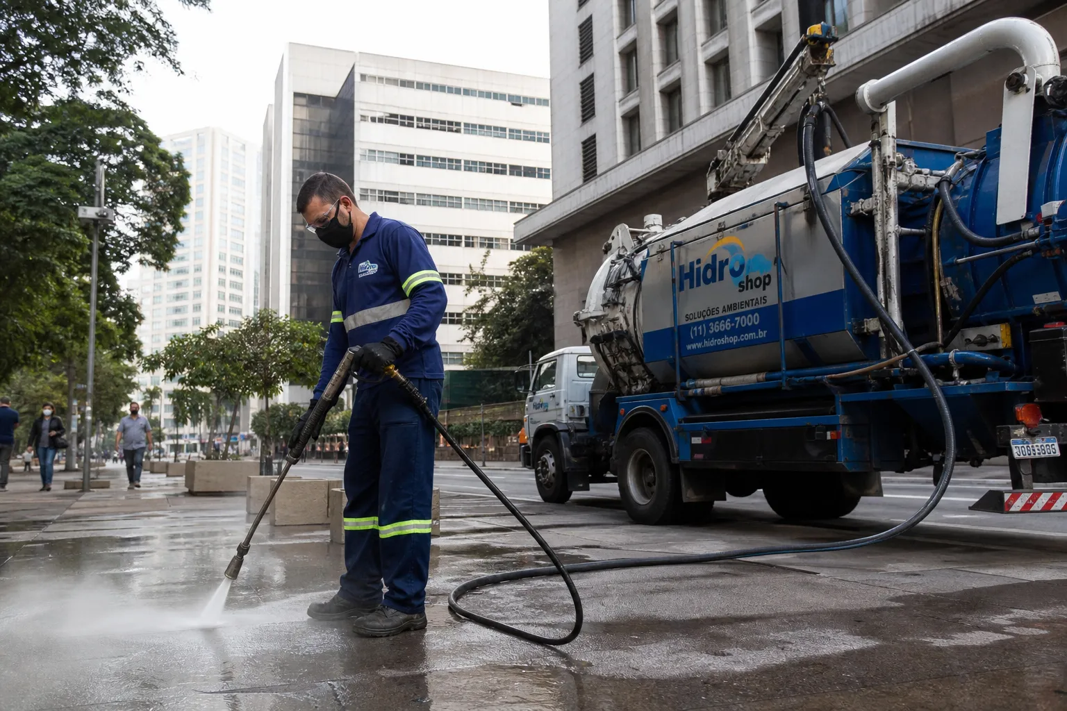 Hidrojateamento em área urbana de São Paulo, técnico uniformizado operando equipamento próximo a edifícios residenciais.