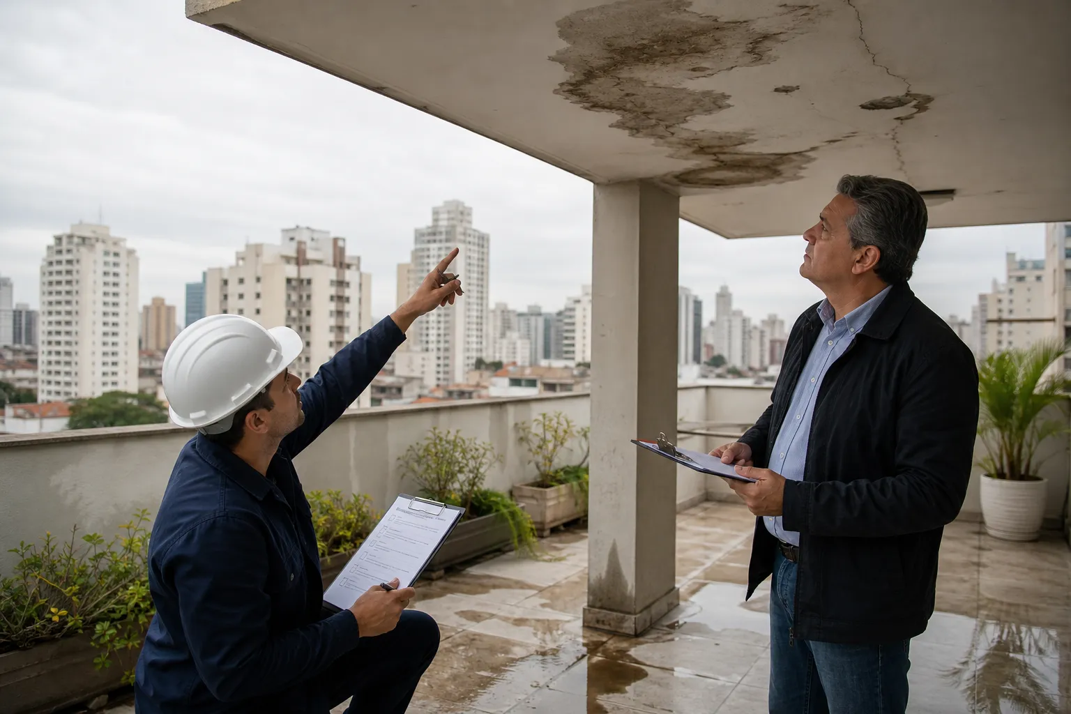 Inspeção técnica no teto de cobertura em condomínio.