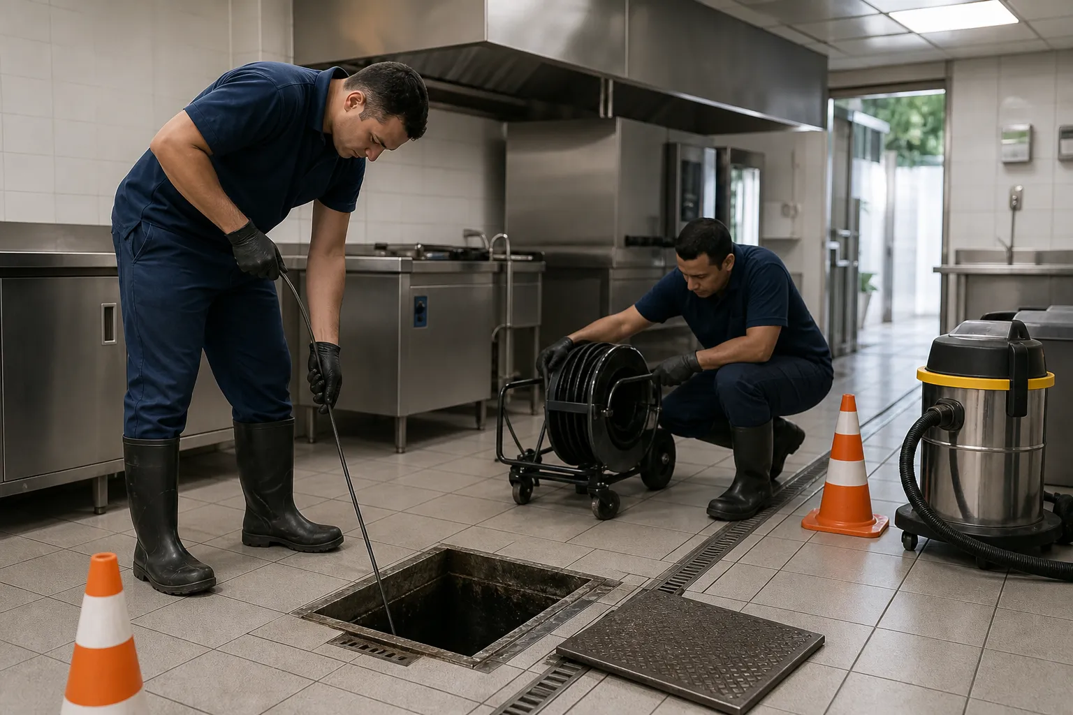 Equipe técnica isola área antes de limpar caixa de gordura industrial.
