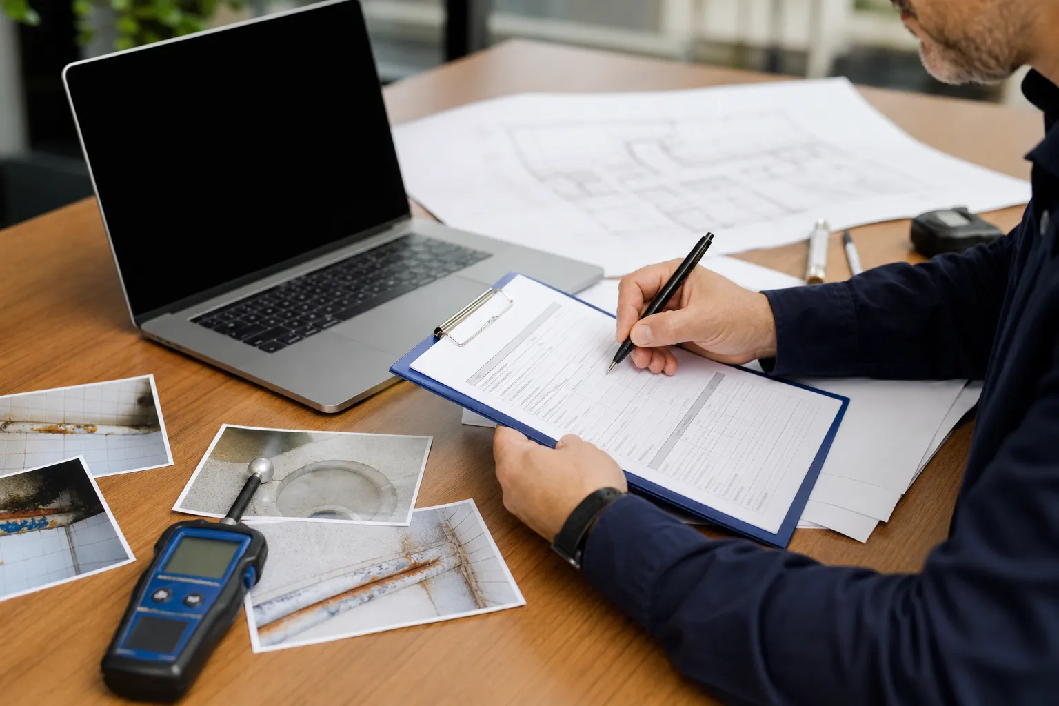 Técnico organiza laudo de caça vazamento para imobiliária com fotos e planta do imóvel.
