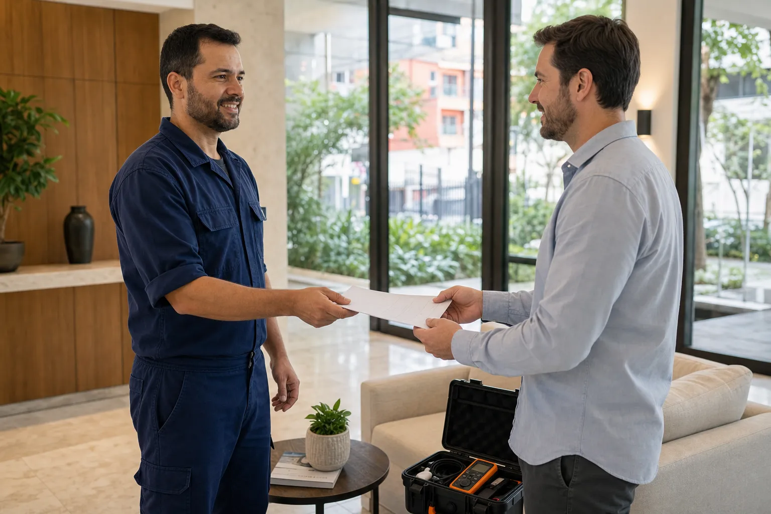 Técnico entrega laudo técnico ao síndico após o serviço.