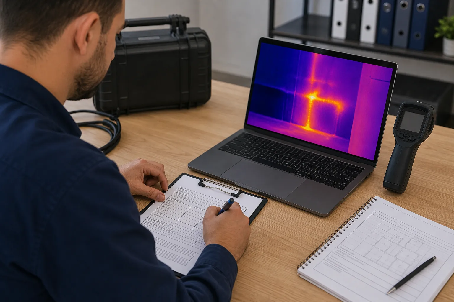 Técnico elaborando laudo termográfico com imagem de vazamento.