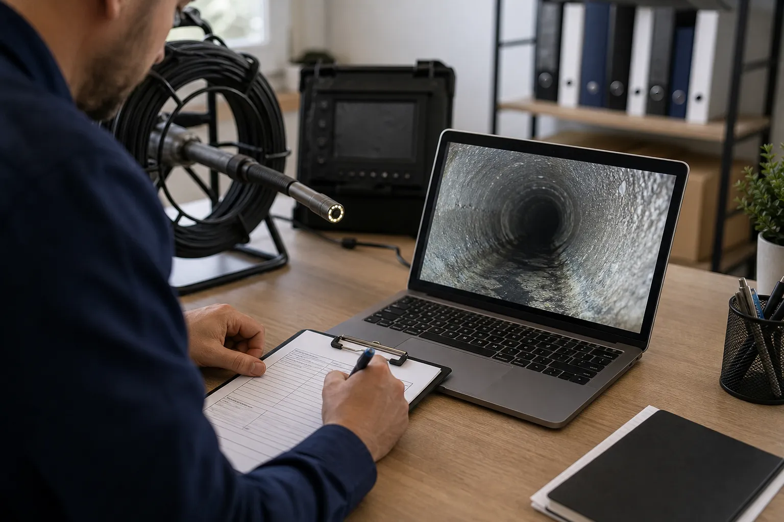 Técnico elaborando laudo técnico com imagens de vídeo inspeção de esgoto.