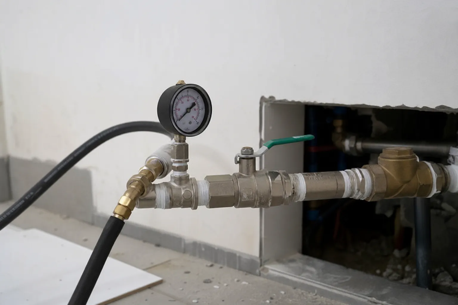 Manômetro instalado em tubulação para monitorar a pressão do sistema.