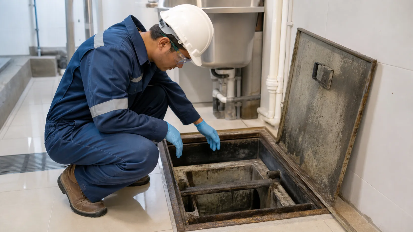 Técnico inspeciona caixa de gordura de condomínio durante manutenção preventiva.