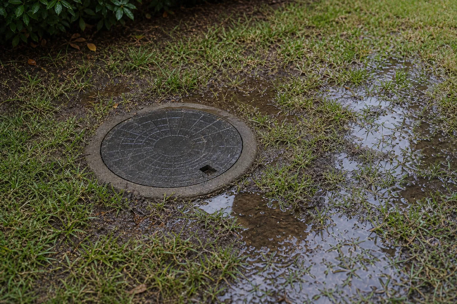 Caminhão de limpeza de fossa com mangueira de sucção em operação residencial.