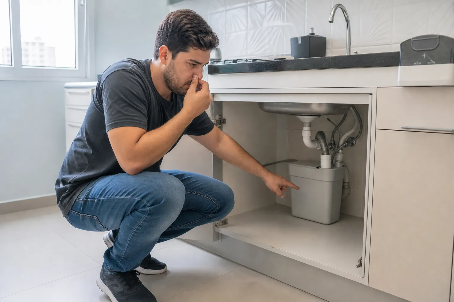 Morador verificando a origem do mau cheiro próximo à caixa de gordura em cozinha de apartamento limpo.