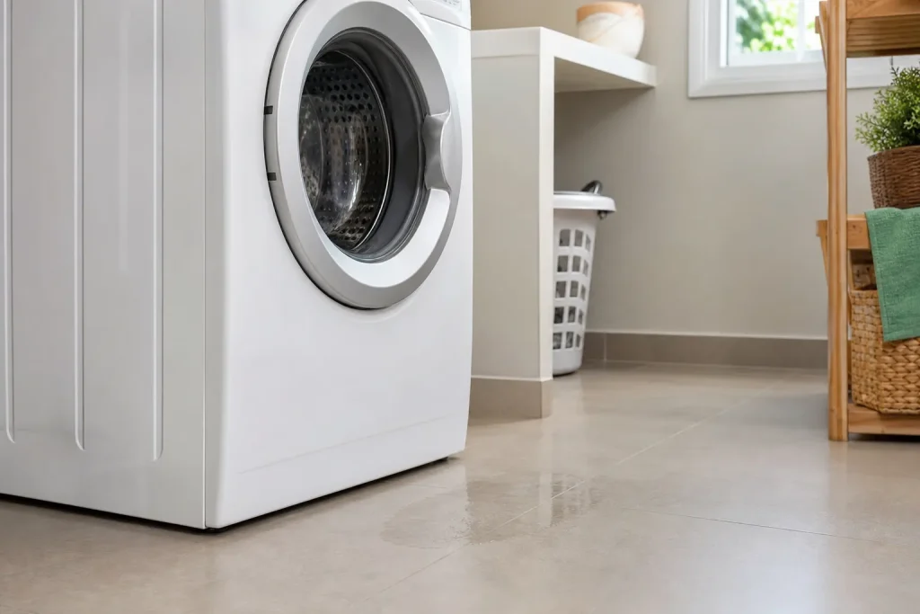 Piso próximo a máquina de lavar apresenta sinal discreto de umidade.