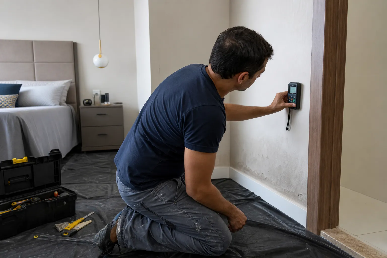 Medidor portátil compara umidade em parede de suíte residencial.