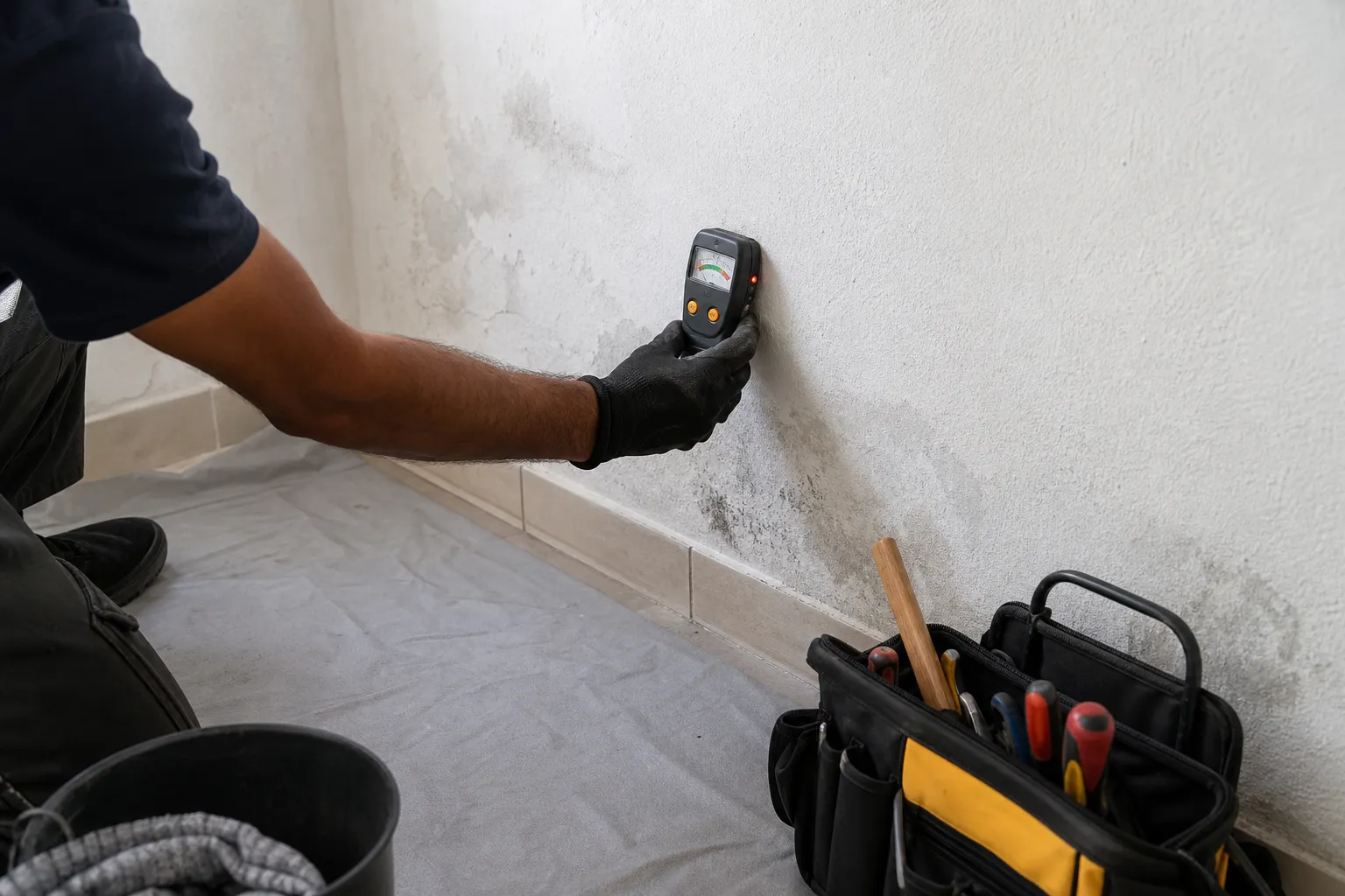 Medidor portátil avalia umidade em parede de área de serviço residencial.
